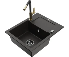 Granitinė virtuvinė plautuvė Mexen Enzo su maišytuvu ir sifonu, Metallic juodas/auksinis+Juodas/Gold