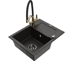 Granitinė virtuvinė plautuvė Mexen Enzo su maišytuvu ir sifonu, Metallic juodas/auksinis+Juodas/Gold