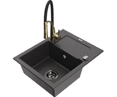 Granitinė virtuvinė plautuvė Mexen Enzo su maišytuvu ir sifonu, Juodas granite+Juodas/Gold