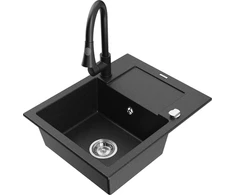 Granitinė virtuvinė plautuvė Mexen Enzo su maišytuvu ir sifonu, Metallic juodas/sidabrinis+Juodas