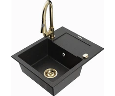 Granitinė virtuvinė plautuvė Mexen Enzo su maišytuvu ir sifonu, Metallic juodas/sidabrinis+Gold