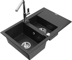 Granitinė virtuvinė plautuvė Mexen Gaspar su maišytuvu ir sifonu, Metallic juodas/sidabrinis+Chrome