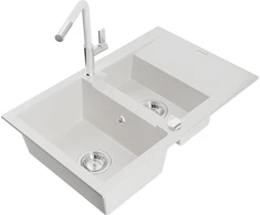Granitinė virtuvinė plautuvė Mexen Gaspar su maišytuvu ir sifonu, Baltas+Baltas/Chrome