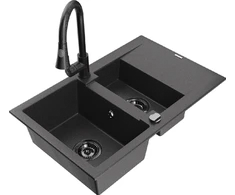 Granitinė virtuvinė plautuvė Mexen Gaspar su maišytuvu ir sifonu, Juodas granite+Juodas
