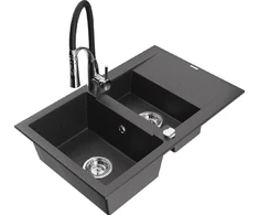 Granitinė virtuvinė plautuvė Mexen Gaspar su maišytuvu ir sifonu, Juodas granite+Juodas/Chrome