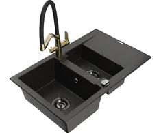 Granitinė virtuvinė plautuvė Mexen Gaspar su maišytuvu ir sifonu, Metallic juodas/auksinis+Juodas/Gold