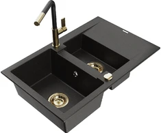 Granitinė virtuvinė plautuvė Mexen Gaspar su maišytuvu ir sifonu, Metallic juodas/auksinis+Juodas/Gold