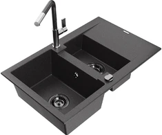 Granitinė virtuvinė plautuvė Mexen Gaspar su maišytuvu ir sifonu, Juodas granite+Juodas granite/Chrome