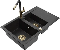 Granitinė virtuvinė plautuvė Mexen Gaspar su maišytuvu ir sifonu, Metallic juodas/sidabrinis+Juodas/Gold
