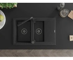 Granitinė virtuvinė plautuvė Mexen Gaspar su maišytuvu ir sifonu, Metallic juodas/sidabrinis+Juodas