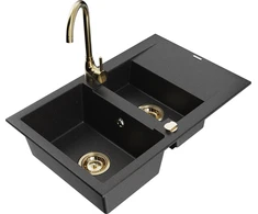 Granitinė virtuvinė plautuvė Mexen Gaspar su maišytuvu ir sifonu, Metallic juodas/sidabrinis+Gold