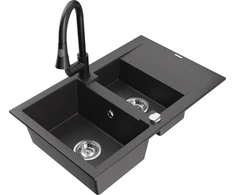 Granitinė virtuvinė plautuvė Mexen Gaspar su maišytuvu ir sifonu, Juodas granite+Juodas