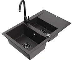 Granitinė virtuvinė plautuvė Mexen Gaspar su maišytuvu ir sifonu, Juodas granite+Juodas