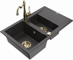 Granitinė virtuvinė plautuvė Mexen Gaspar su maišytuvu ir sifonu, Juodas granite+Gold