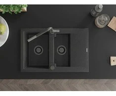 Granitinė virtuvinė plautuvė Mexen Gaspar su maišytuvu ir sifonu, Juodas granite+Juodas granite/Chrome