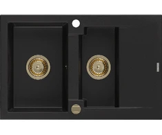 Granitinė virtuvinė plautuvė Mexen Gaspar su sifonu, Juodas+Gold, 737 x 475 mm