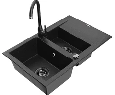 Granitinė virtuvinė plautuvė Mexen Gaspar su maišytuvu ir sifonu, Metallic juodas/sidabrinis+Juodas