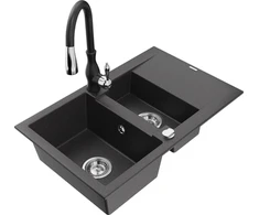 Granitinė virtuvinė plautuvė Mexen Gaspar su maišytuvu ir sifonu, Juodas granite+Juodas