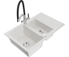 Granitinė virtuvinė plautuvė Mexen Gaspar su maišytuvu ir sifonu, Baltas+Juodas/Chrome