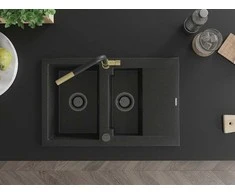 Granitinė virtuvinė plautuvė Mexen Gaspar su maišytuvu ir sifonu, Metallic juodas/sidabrinis+Juodas/Gold