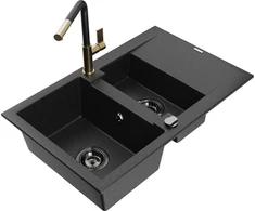 Granitinė virtuvinė plautuvė Mexen Gaspar su maišytuvu ir sifonu, Metallic juodas/sidabrinis+Juodas/Gold