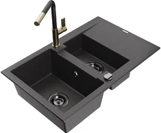 Granitinė virtuvinė plautuvė Mexen Gaspar su maišytuvu ir sifonu, Juodas granite+Juodas/Gold