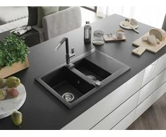 Granitinė virtuvinė plautuvė Mexen Gaspar su maišytuvu ir sifonu, Metallic juodas/sidabrinis+Juodas/Chrome
