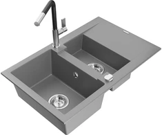 Granitinė virtuvinė plautuvė Mexen Gaspar su maišytuvu ir sifonu, Pilkas+Juodas/Chrome