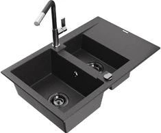 Granitinė virtuvinė plautuvė Mexen Gaspar su maišytuvu ir sifonu, Juodas granite+Juodas/Chrome