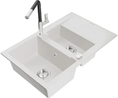 Granitinė virtuvinė plautuvė Mexen Gaspar su maišytuvu ir sifonu, Baltas+Juodas/Chrome