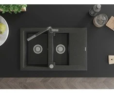 Granitinė virtuvinė plautuvė Mexen Gaspar su maišytuvu ir sifonu, Juodas granite+Juodas granite/Chrome