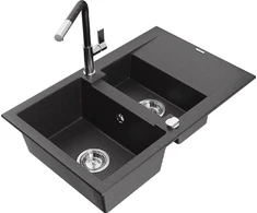 Granitinė virtuvinė plautuvė Mexen Gaspar su maišytuvu ir sifonu, Juodas granite+Juodas/Chrome