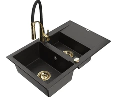 Granitinė virtuvinė plautuvė Mexen Gaspar su maišytuvu ir sifonu, Metallic juodas/auksinis+Juodas/Gold