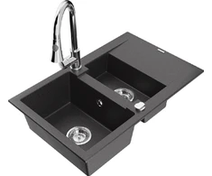 Granitinė virtuvinė plautuvė Mexen Gaspar su maišytuvu ir sifonu, Juodas granite+Chrome