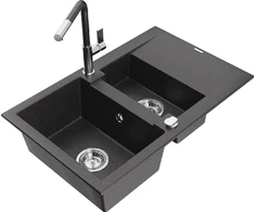 Granitinė virtuvinė plautuvė Mexen Gaspar su maišytuvu ir sifonu, Juodas granite+Juodas granite/Chrome