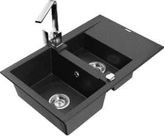 Granitinė virtuvinė plautuvė Mexen Gaspar su maišytuvu ir sifonu, Metallic juodas/sidabrinis+Chrome