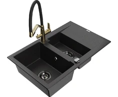 Granitinė virtuvinė plautuvė Mexen Gaspar su maišytuvu ir sifonu, Metallic juodas/sidabrinis+Juodas/Gold