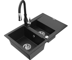 Granitinė virtuvinė plautuvė Mexen Gaspar su maišytuvu ir sifonu, Metallic juodas/sidabrinis+Juodas
