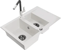 Granitinė virtuvinė plautuvė Mexen Gaspar su maišytuvu ir sifonu, Baltas+Juodas/Chrome