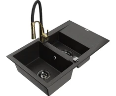 Granitinė virtuvinė plautuvė Mexen Gaspar su maišytuvu ir sifonu, Metallic juodas/auksinis+Juodas/Gold