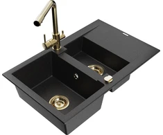 Granitinė virtuvinė plautuvė Mexen Gaspar su maišytuvu ir sifonu, Metallic juodas/sidabrinis+Gold