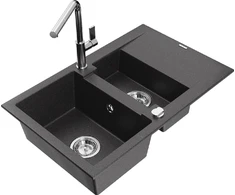 Granitinė virtuvinė plautuvė Mexen Gaspar su maišytuvu ir sifonu, Juodas granite+Chrome