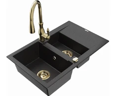 Granitinė virtuvinė plautuvė Mexen Gaspar su maišytuvu ir sifonu, Metallic juodas/sidabrinis+Gold