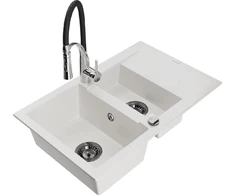 Granitinė virtuvinė plautuvė Mexen Gaspar su maišytuvu ir sifonu, Baltas+Juodas/Chrome