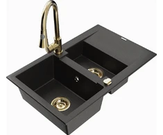 Granitinė virtuvinė plautuvė Mexen Gaspar su maišytuvu ir sifonu, Metallic juodas/auksinis+Gold