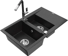 Granitinė virtuvinė plautuvė Mexen Gaspar su maišytuvu ir sifonu, Metallic juodas/sidabrinis+Juodas/Chrome