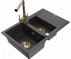 Granitinė virtuvinė plautuvė Mexen Gaspar su maišytuvu ir sifonu, Juodas granite+Gold