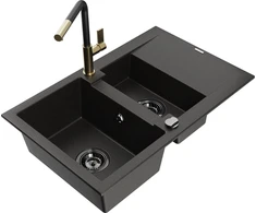Granitinė virtuvinė plautuvė Mexen Gaspar su maišytuvu ir sifonu, Metallic juodas/auksinis+Juodas/Gold