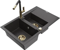 Granitinė virtuvinė plautuvė Mexen Gaspar su maišytuvu ir sifonu, Juodas granite+Juodas/Gold