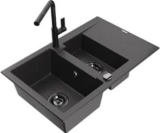 Granitinė virtuvinė plautuvė Mexen Gaspar su maišytuvu ir sifonu, Juodas granite+Juodas